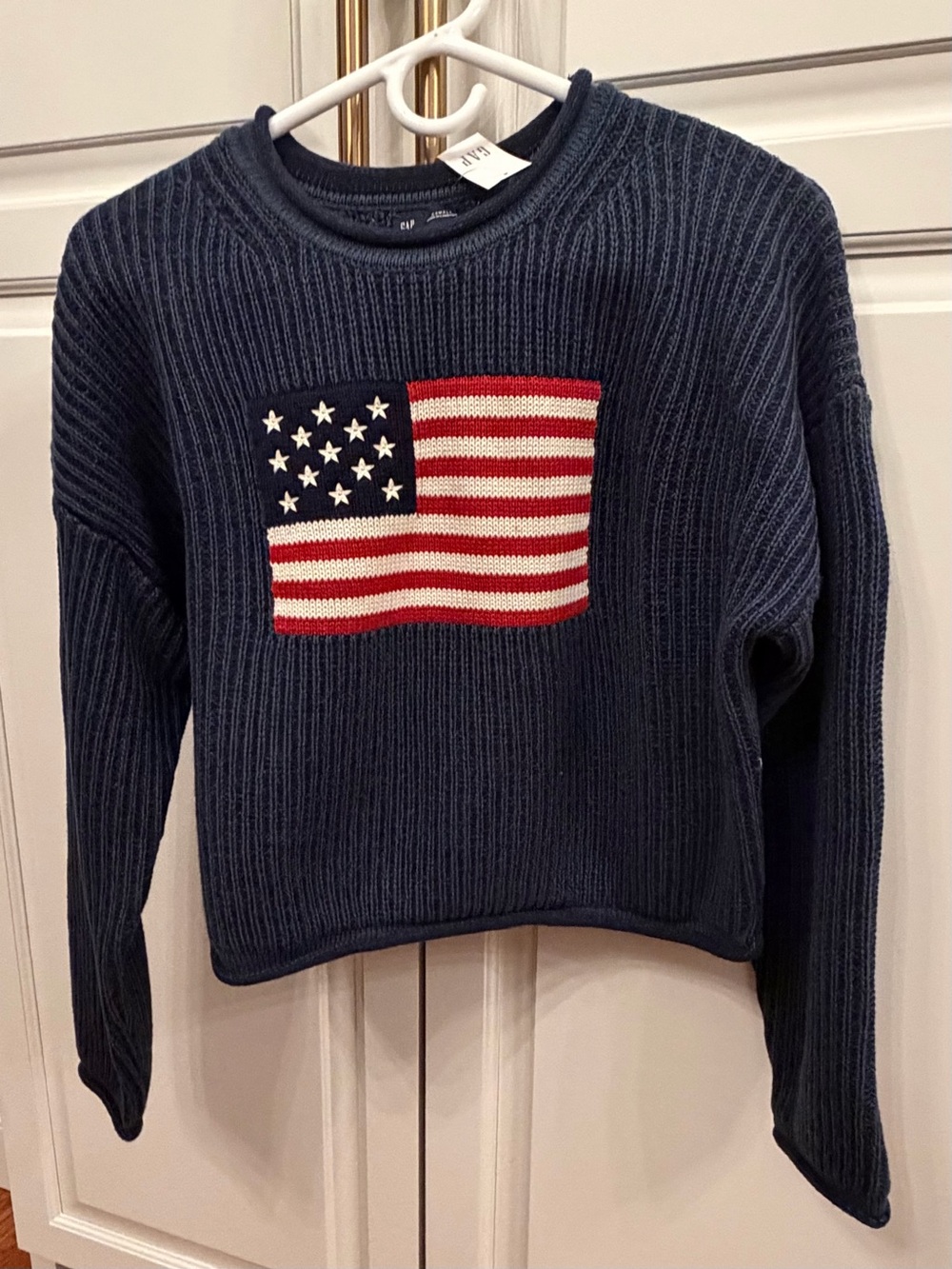 GAP Navy Cotton Crewneck Sweeter Cropped Relaxed fit w/American Flag Knit XS NWT